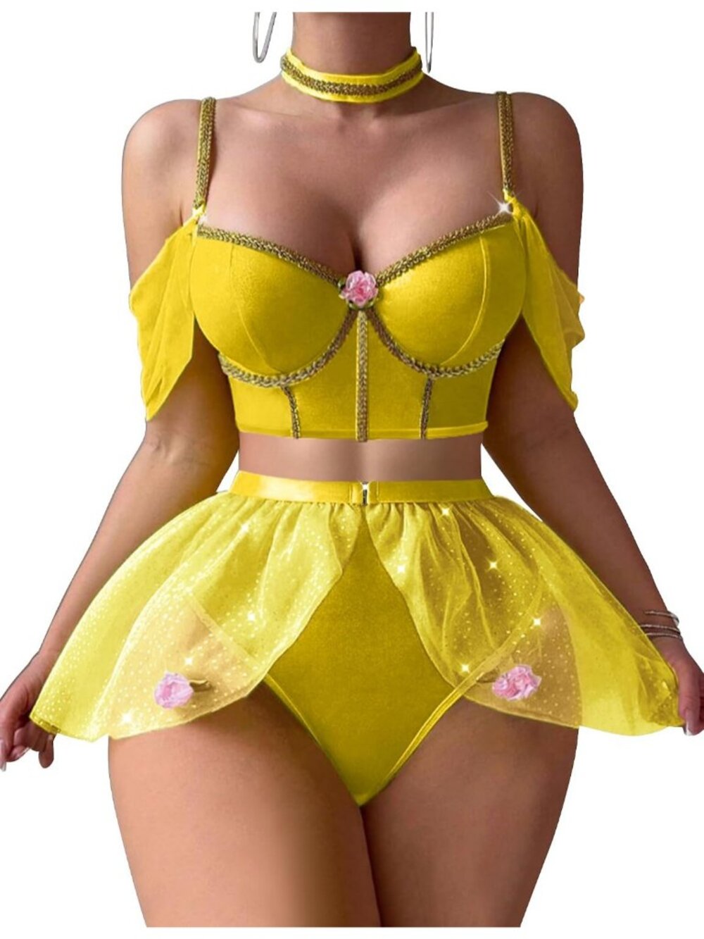 Women's Yellow Princes Cosplay Lingerie Set Bra Panty Halloween Costume Outfit